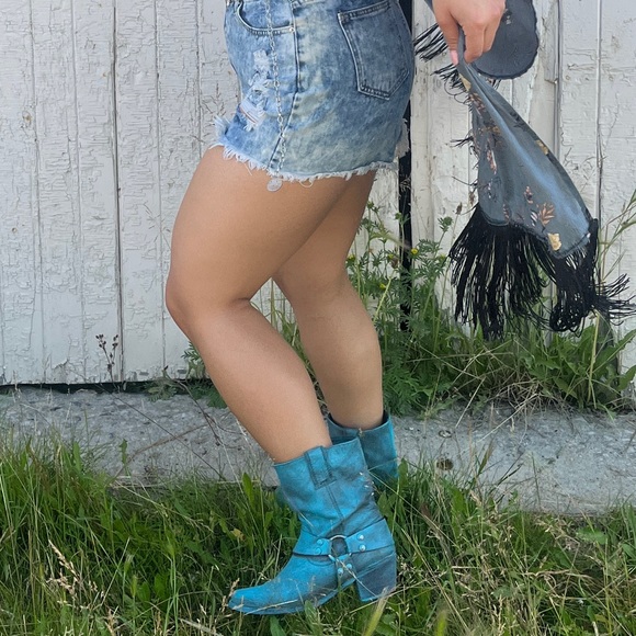 🤠REFASHIONED TURQUOISE LEATHER WESTERN ANKLE BOOTS SIZE 38-7 - Picture 3 of 9
